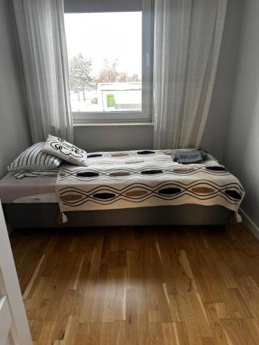 a bed sitting in a room with a window at Apartament z widokiem 3 in Chełm