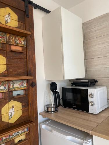 a kitchen with a white microwave and a counter at Vila Malina in Gaberje