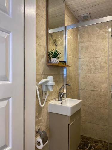a bathroom with a sink and a shower at Pera Standard Rooms in Istanbul