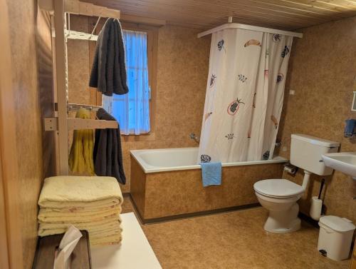 a bathroom with a tub and a toilet and a sink at Rustikale Wohnung auf dem Bauernhof in Malters
