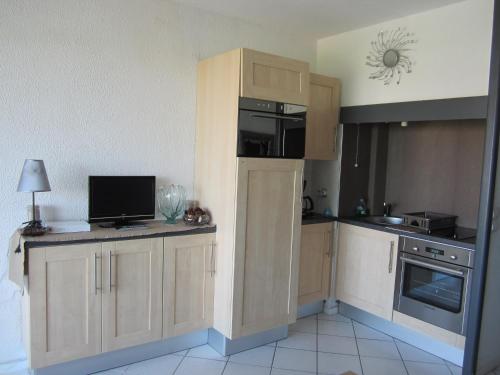 a kitchen with wooden cabinets and a tv on the counter at Studio Residence Le Signal in Capbreton