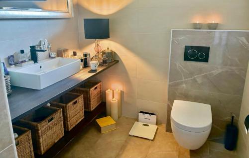 a bathroom with a white toilet and a sink at Casa Jana Croatia in Jastrebarsko
