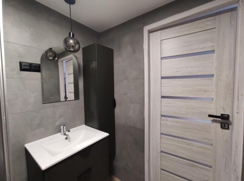 a bathroom with a sink and a wooden door at Noclegi Piaskowa 44 in Nowa Karczma