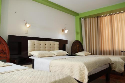 two beds in a bedroom with green walls at Gran Mansion Dorada in Tacna
