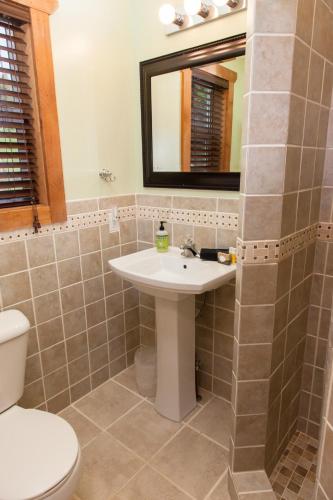 a bathroom with a sink and a toilet and a mirror at Homestake Lodge in Whitehall