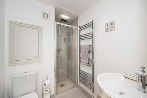 a bathroom with a shower and a toilet and a sink at Tanyard Barn - North Yorkshire in York