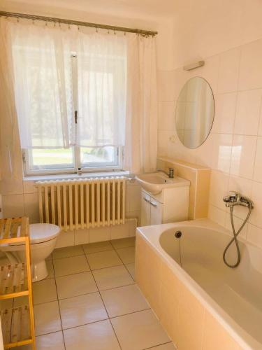 a bathroom with a tub and a toilet and a sink at Chalupa U Revíru in Chvalčov