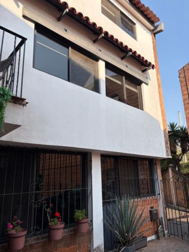 a house with black windows and potted plants at Casa Coyoacan in Mexico City