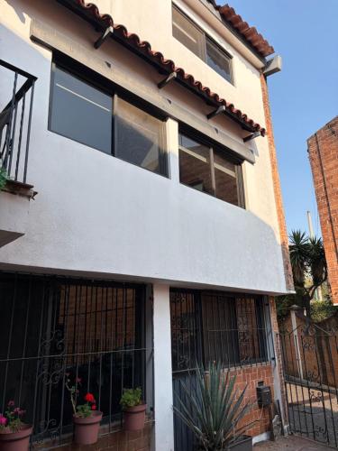a white house with black windows and potted plants at Casa Coyoacan in Mexico City