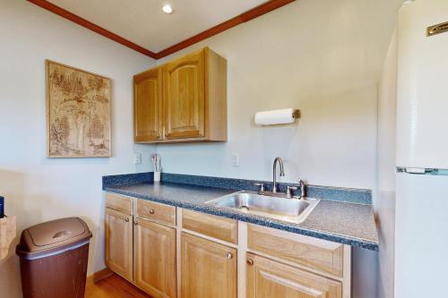 a kitchen with wooden cabinets and a sink at Cabin 2: Lakeside in Murphysboro in Etherton