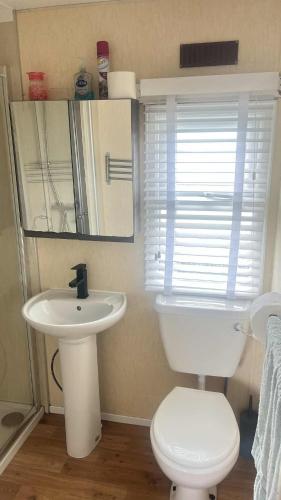 a bathroom with a toilet and a sink and a mirror at 10 Berth Caravan - Meadow View in Skegness