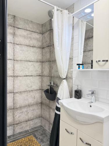 a bathroom with a sink and a shower at Lane Stay Studio in Beograd