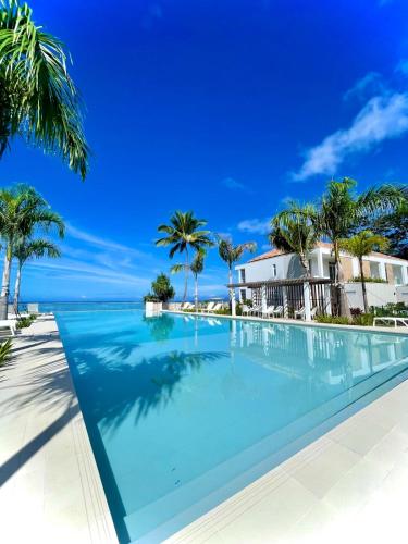 PaeaにあるWhite Sand Villa - infinity poolのヤシの木のある家の前のプール