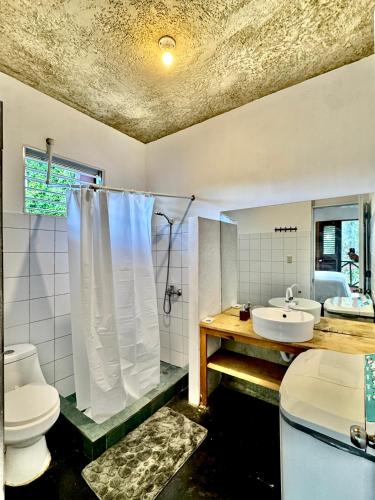 a bathroom with a toilet and a shower and a sink at Hostal Luz Del Valle in Santa Bárbara de Samaná