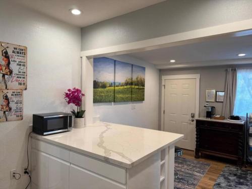 a kitchen with a counter with a microwave on it at Modern Victorian by Beach and Forest Unit B in Crescent City