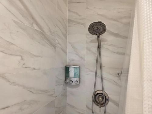 a shower with a shower head in a bathroom at Modern Victorian by Beach and Forest Unit C in Crescent City