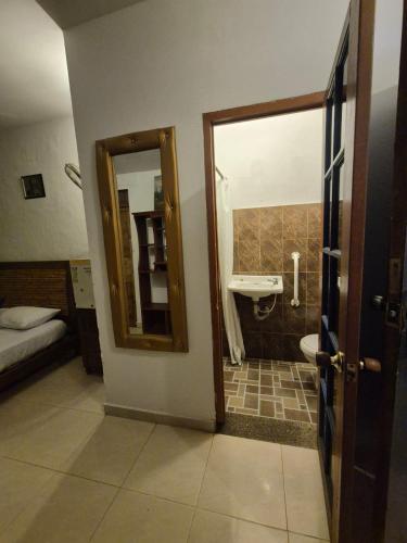 a bathroom with a sink and a toilet and a mirror at Hotel Eco Point in Minca