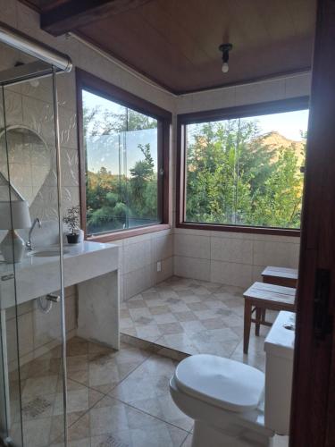 a bathroom with a toilet and a shower and a sink at Pedra Azul Chalé Clássico in Domingos Martins