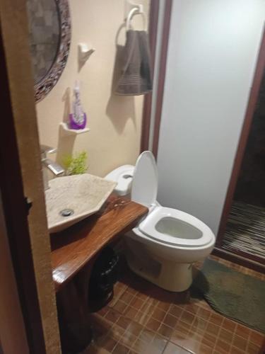 a bathroom with a white toilet and a sink at Cabaña lagunita in Sabinas