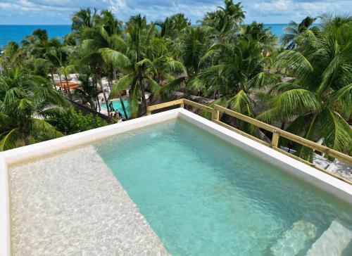 a swimming pool with the ocean in the background at Casa Alkimia Town in Isla Mujeres