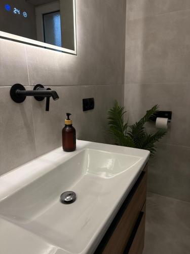 a bathroom sink with a soap dispenser on it at Mete Stays - Modern - Workspace - Cool location in Ingolstadt