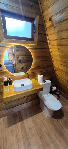 a bathroom with a toilet and a sink and a mirror at chalé dos Buritis 01 in Chapada dos Guimarães