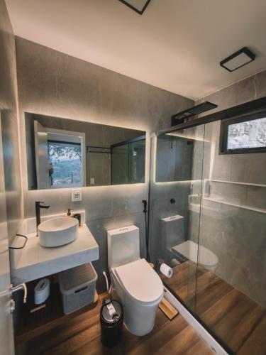 a bathroom with a toilet and a sink and a shower at Chale Container no Centro de Petrópolis in Petrópolis