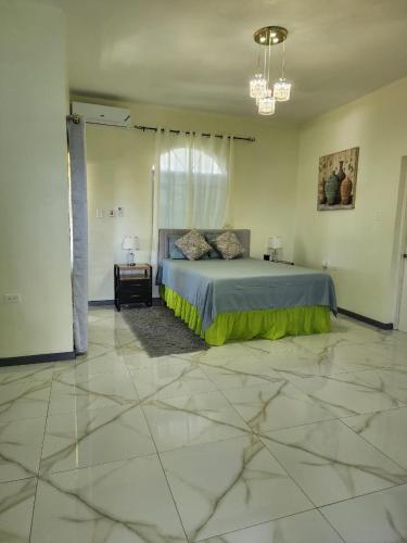a bedroom with a bed and a large window at Palm Breeze Villa in Green Island
