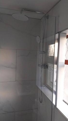 a bathroom with a shower with a glass door at Leixlip 4-Bed Home Sleeps 6 Ideal for Groups in Kildare