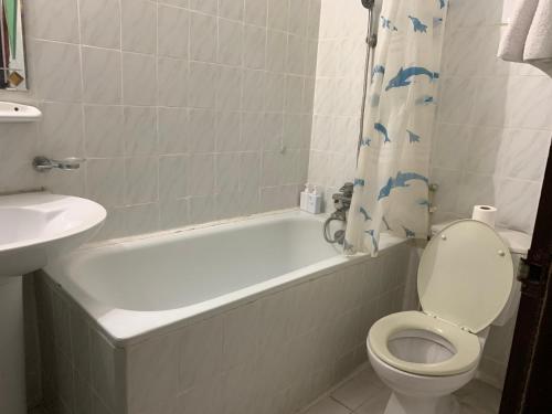 a bathroom with a toilet and a tub and a sink at Kim Anh Hotel in Hanoi