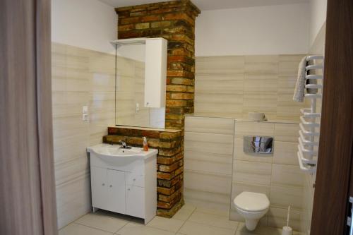 a bathroom with a sink and a toilet at Agrotur-Maya in Gorzyca