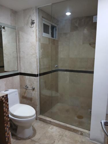 a bathroom with a toilet and a glass shower at Elefante blanco in Boca del Río