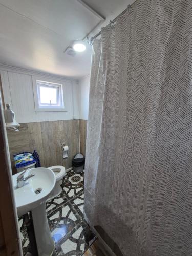 a bathroom with a sink and a shower curtain at Cabaña ByB in Dalcahue
