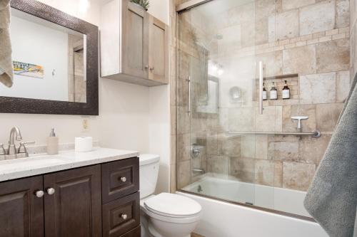 a bathroom with a toilet and a sink and a shower at Cherry Street Star in Bandera