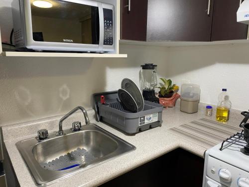 a kitchen counter with a sink and a microwave at CaprichoMarina in Acapulco