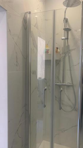 une douche avec une porte en verre dans une salle de bain dans l'établissement suresnes centre, à Suresnes