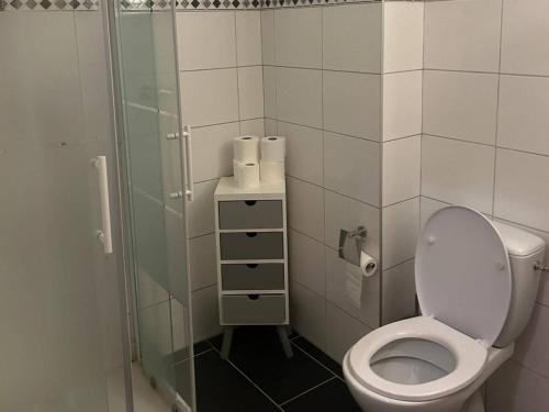 a bathroom with a toilet and a glass shower at Apartment in Veysonnaz with pool in Veysonnaz