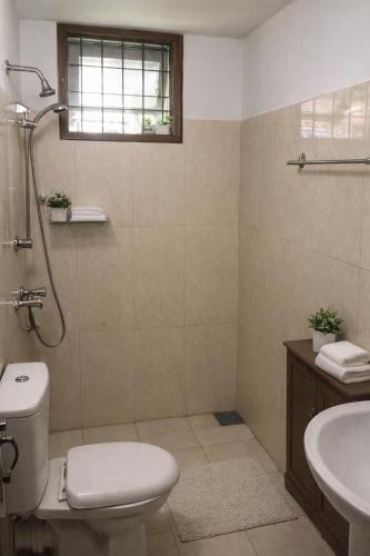 a bathroom with a shower and a toilet and a sink at Green Villa in Kahawa