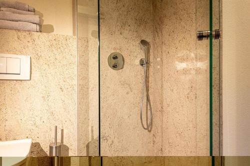 a shower with a glass door in a bathroom at Karwendelnest in Maurach