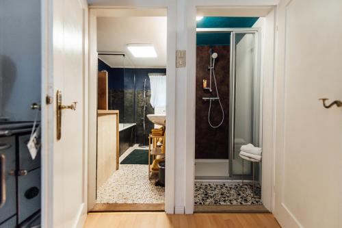 a bathroom with a shower and a sink at Natur & Ruhe - Ferienhaus Alexandra in Ebensee