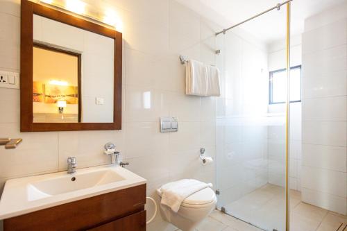 a bathroom with a toilet and a sink and a shower at Hotel Arts Kathmandu in Kathmandu