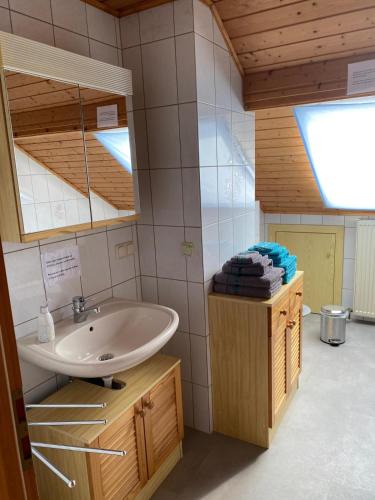 a bathroom with a sink and a mirror at Dachgeschosswohnung im zweiten Obergeschoss in Bruck in der Oberpfalz