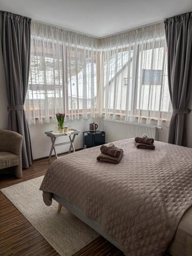 a bedroom with a bed with two towels on it at Ubytování pod Borovou in Malenovice