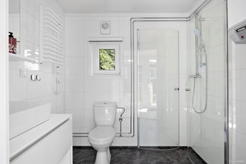 a white bathroom with a toilet and a shower at First Camp Glyttinge-Linköping in Linköping