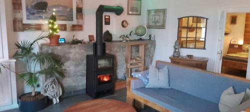 a living room with a fireplace and a blue couch at Pferdestall in Kiel