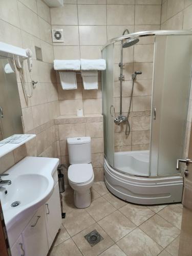 a bathroom with a shower and a toilet and a sink at Motel Aleksandar in Pojate