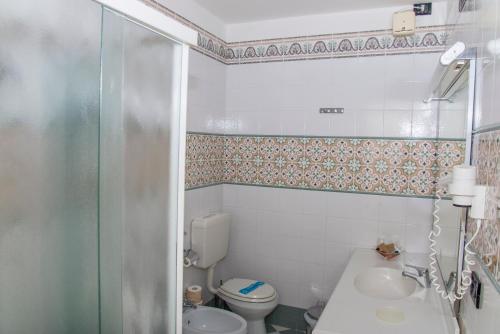 a bathroom with a toilet and a sink at Hotel Miramare in Lignano Sabbiadoro