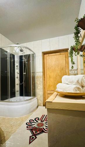 a bathroom with a shower and a bath tub at Przytulisko Dom na wyłączność in Biały Dunajec
