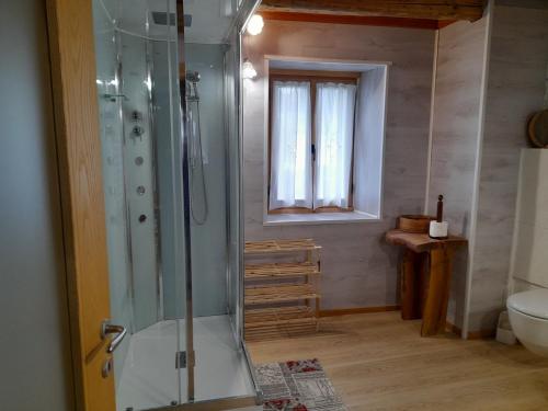 a bathroom with a shower and a toilet and a window at Casa 1885 in Belluno