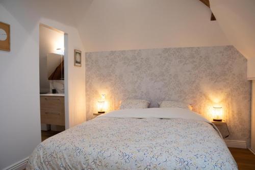 a bedroom with a white bed with two lamps at L'auberge du Paon in Troyes